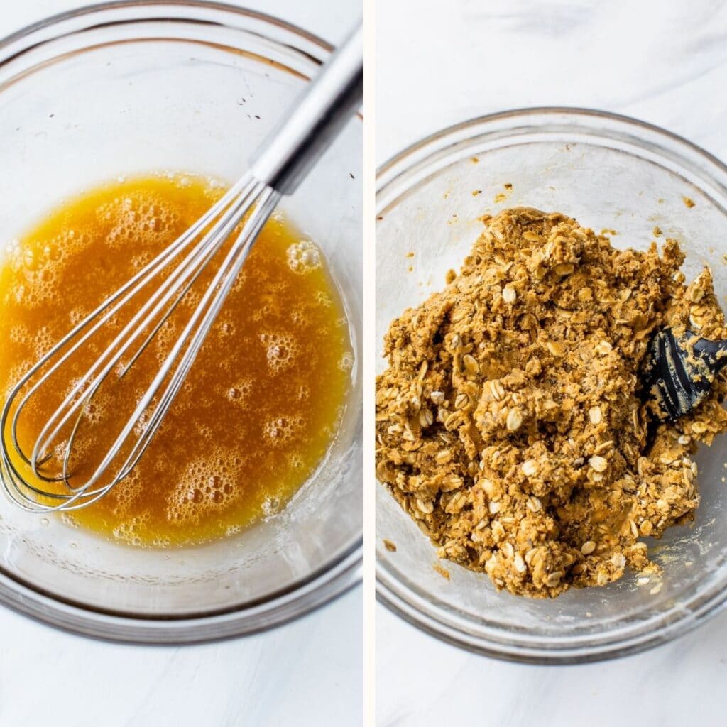 wet ingredients mixed in a bowl on the left and oats and cashew butter added in the bowl on the right