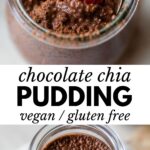 chia pudding in a small glass jar with text overlay