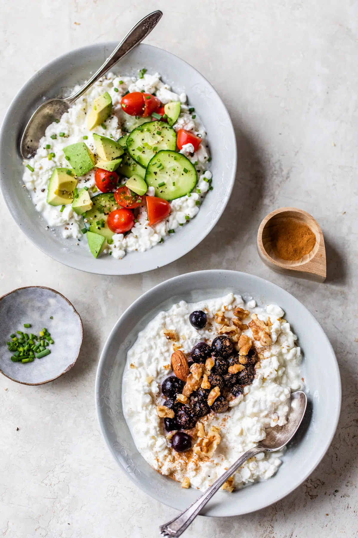 two different bowls of cottage cheese with various toppings