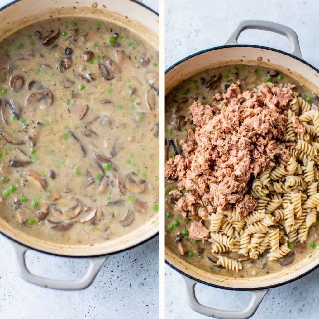 round casserole dish filled with mushrooms, peas and tuna