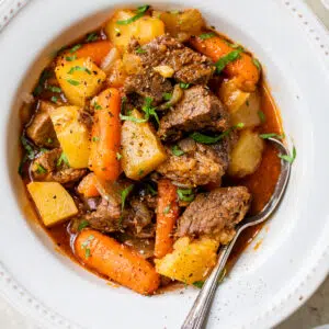 close up photo of beef stew in a bowl
