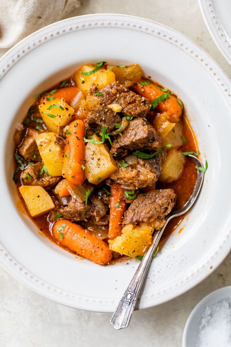 close up photo of beef stew in a bowl