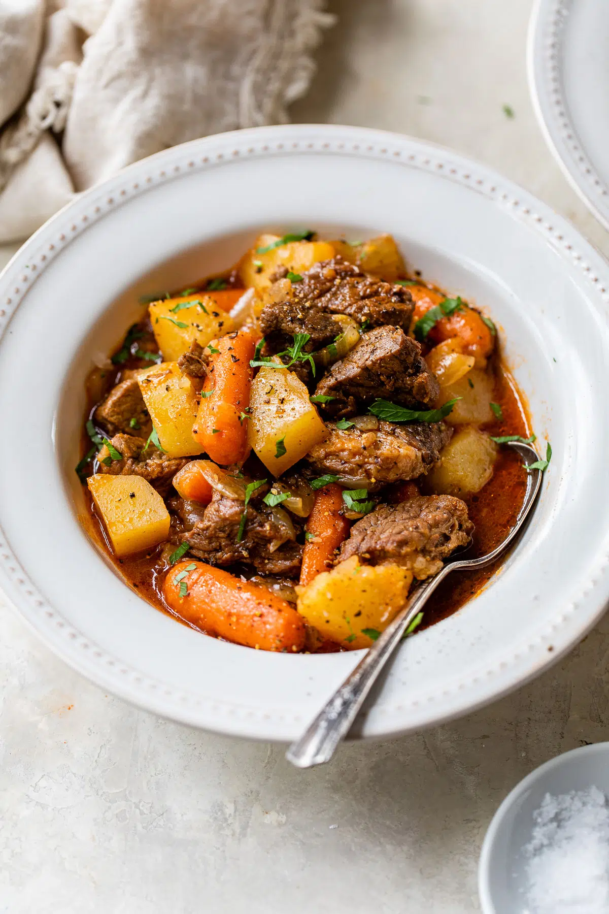 a bowl of stew with beef, carrots and potatoes