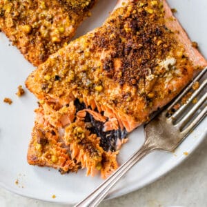 flakey salmon coated in pistachios on a white plate