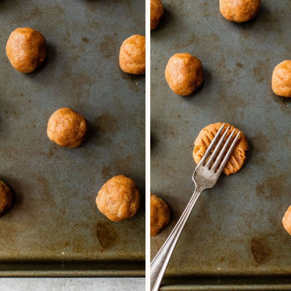cookie dough balls on a baking sheet on the left and cookie dough being smashed with a fork on the right