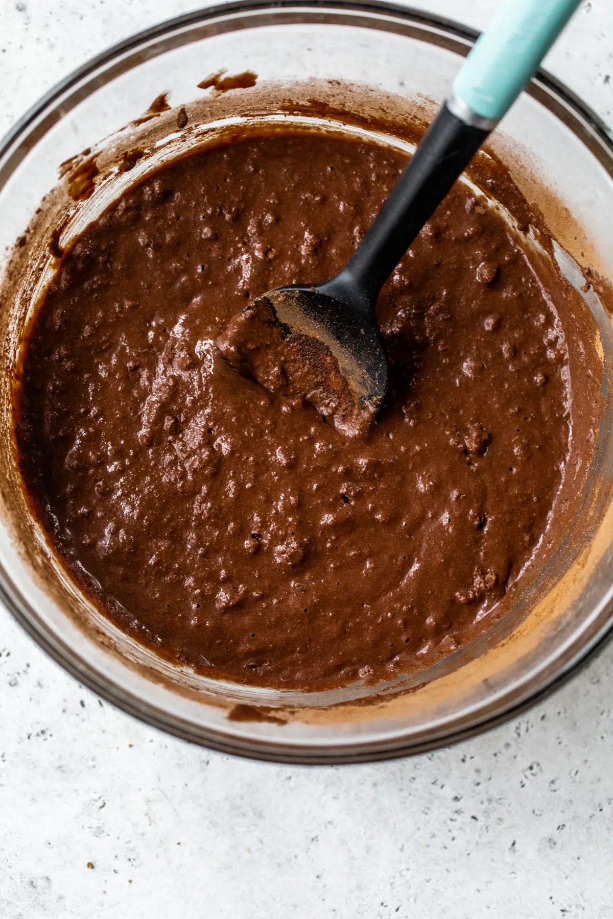 chocolate cake batter in a large mixing bowl
