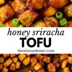 tofu coated in a sticky sauce and green onions in a skillet