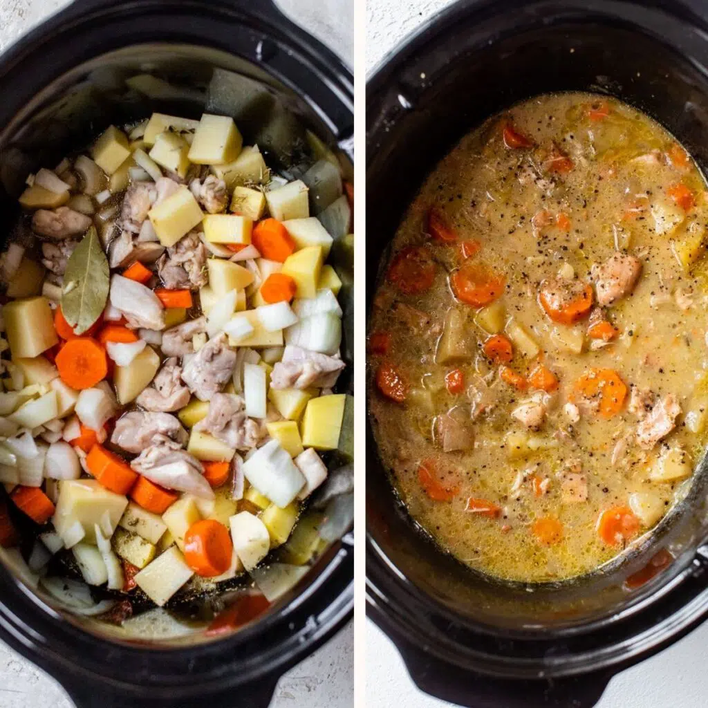 slow cooker filled with diced potatoes, carrots, chicken and onion on the left and with chicken broth and milk on the right