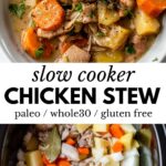 a bowl of chicken stew on top and a slow cooker filled with vegetables and chicken on the bottom