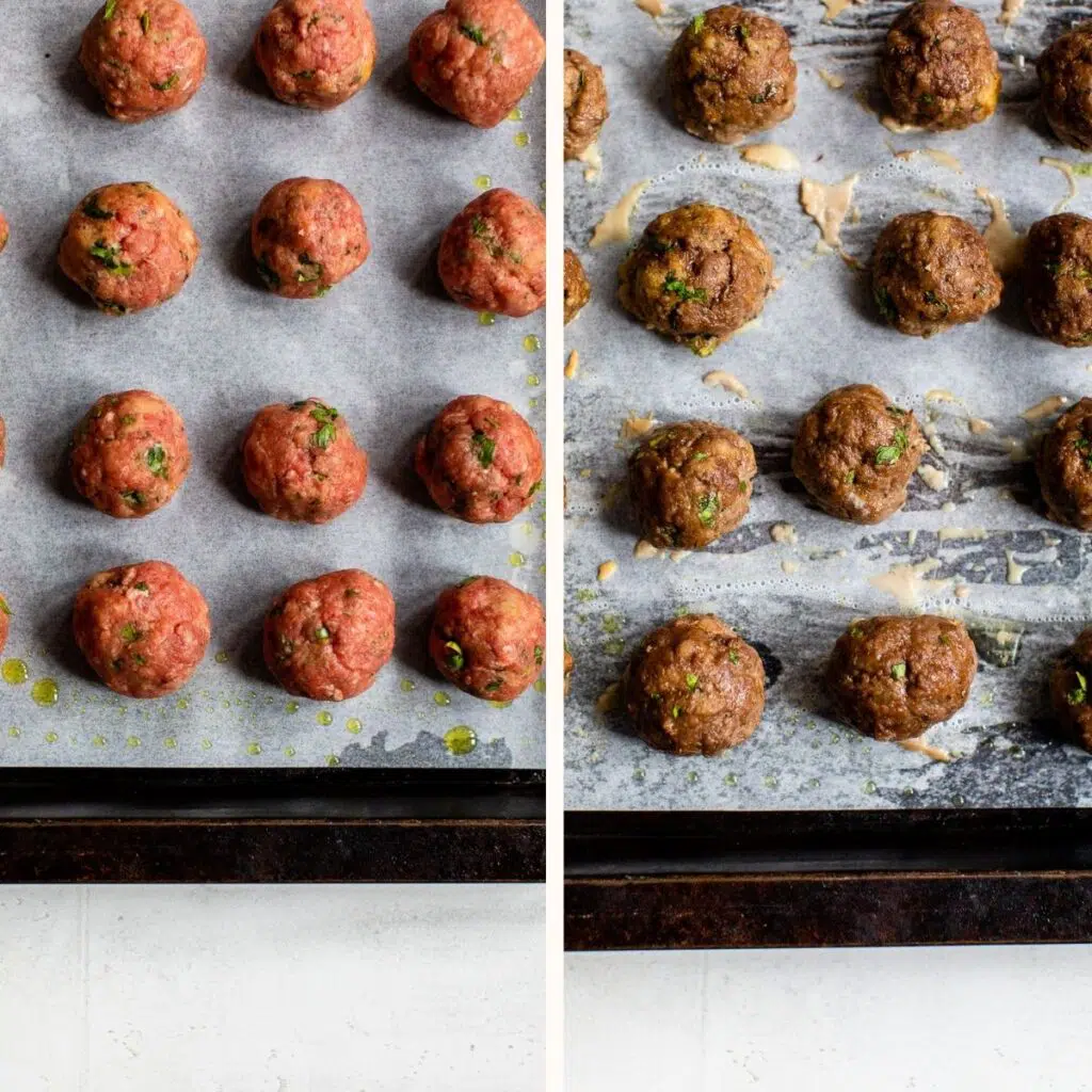 unbaked meatballs on a baking sheet on the left and baked meatballs on the right