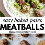 meatballs topped with pesto and baked meatballs on a baking sheet