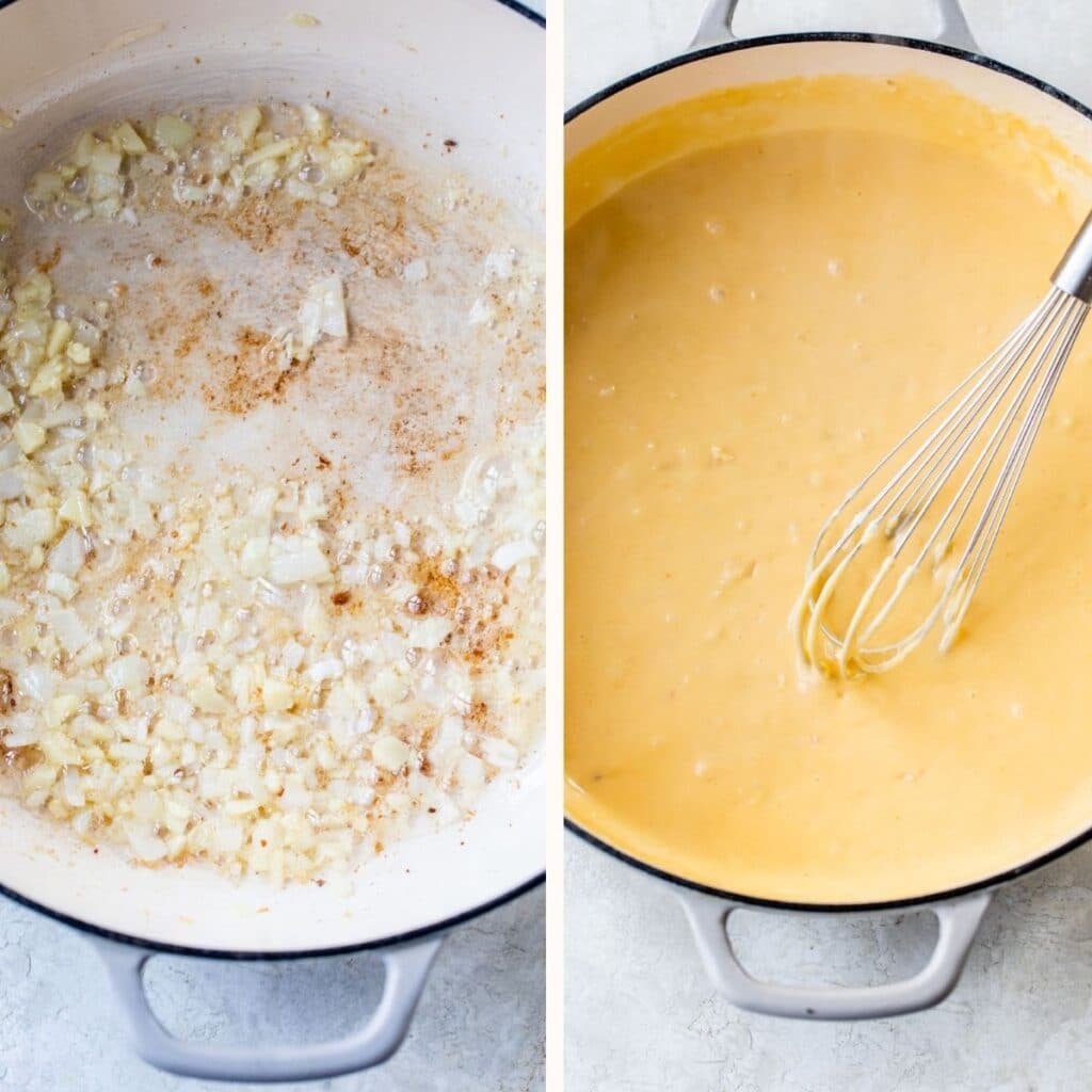skillet with diced onion and garlic on the left and with cheese sauce on the right