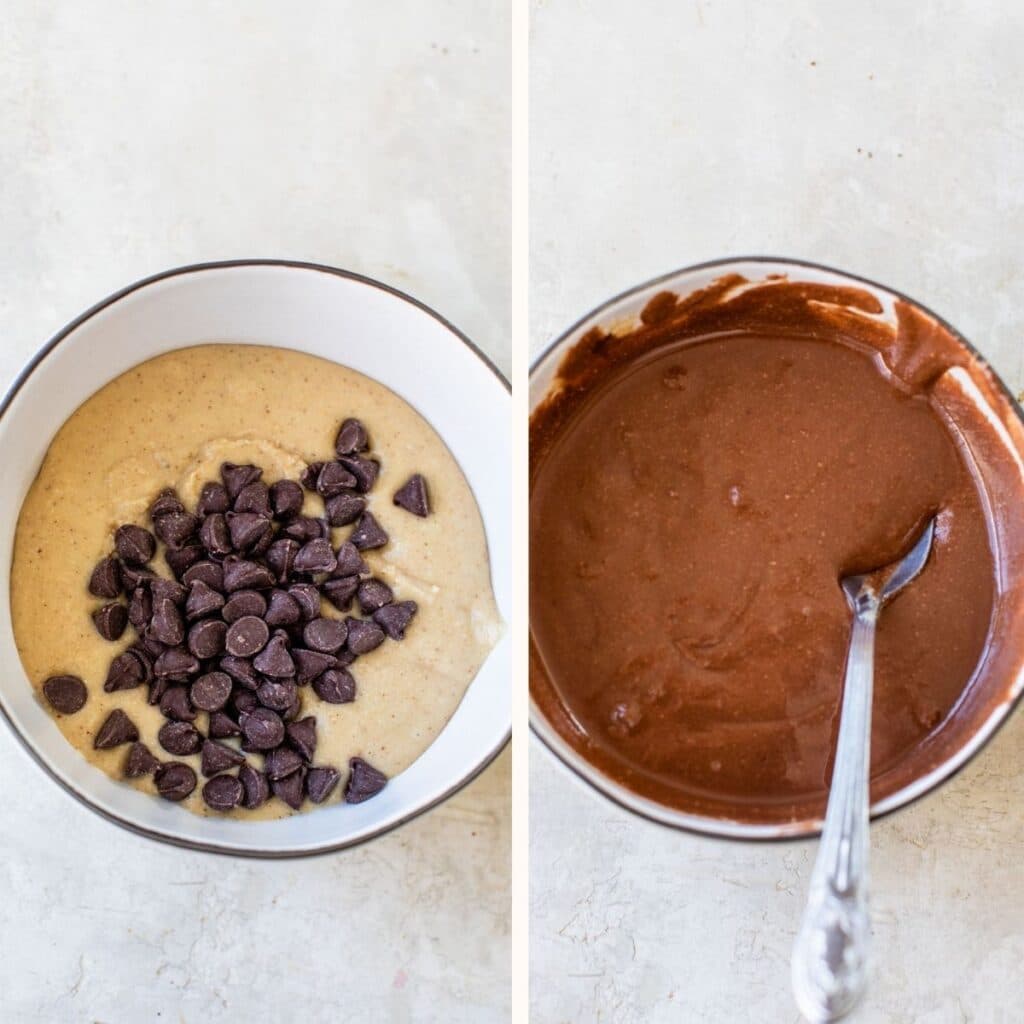 a bowl of nut butter with chocolate chips on the left and melted chocolate in a bowl on the right