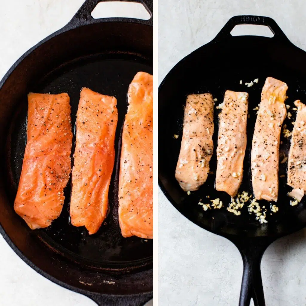 uncooked salmon in a skillet on the left and cooked salmon with garlic on the right