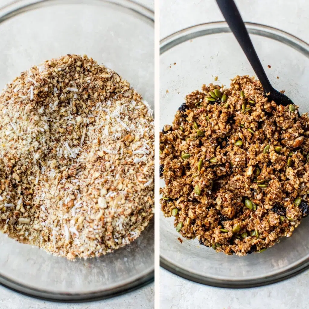 dry mixture in a glass mixing bowl on the left and with wet ingredients added on the right