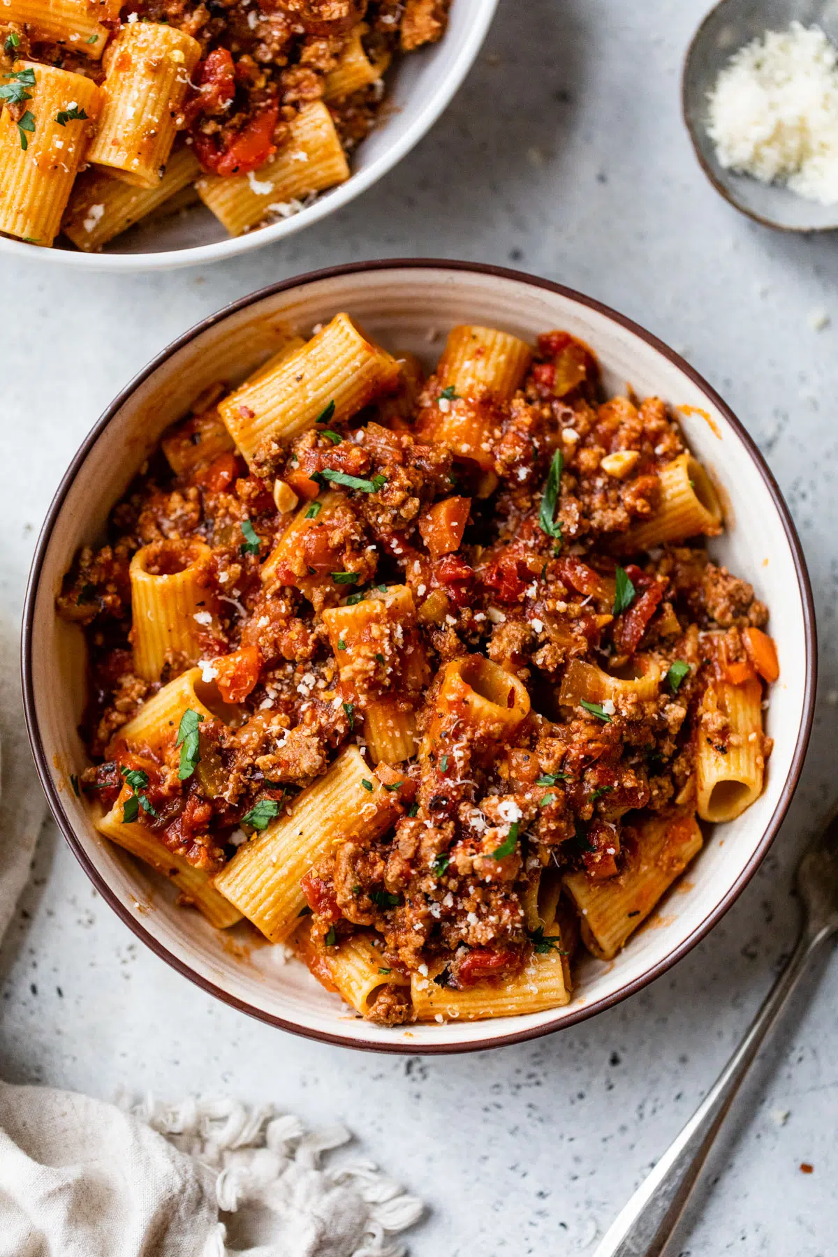 rigatoni with meat sauce in a bowl