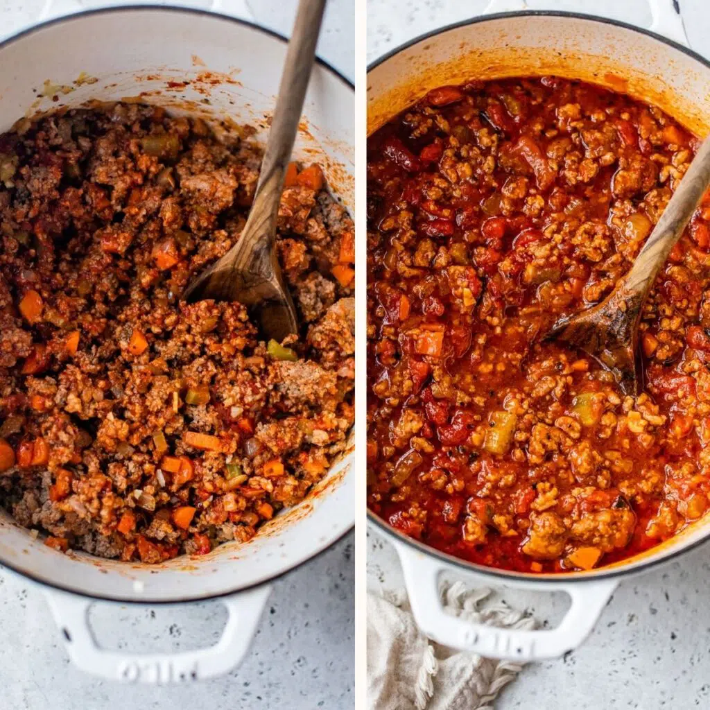 meat sauce bolognese in a white dutch oven pot