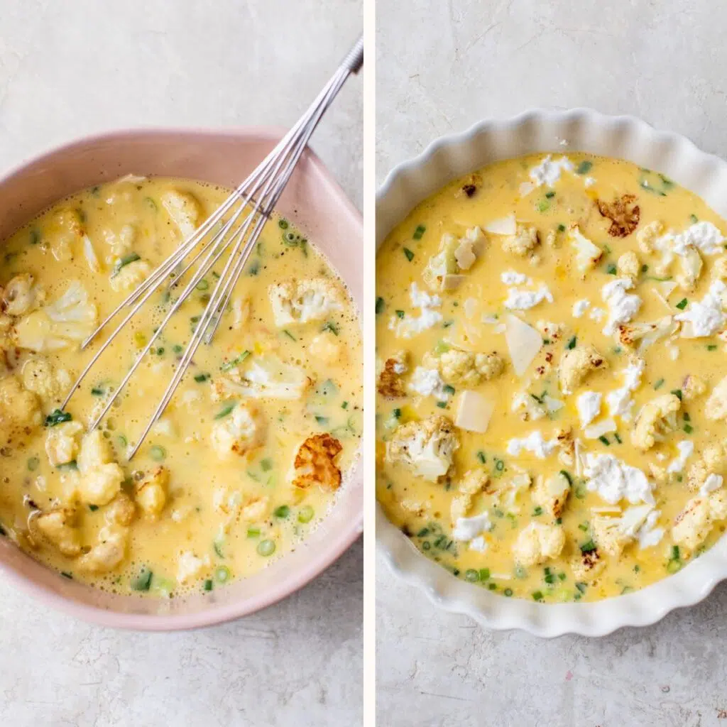 whisked eggs, roasted cauliflower and herbs in a bowl and in a pie pan