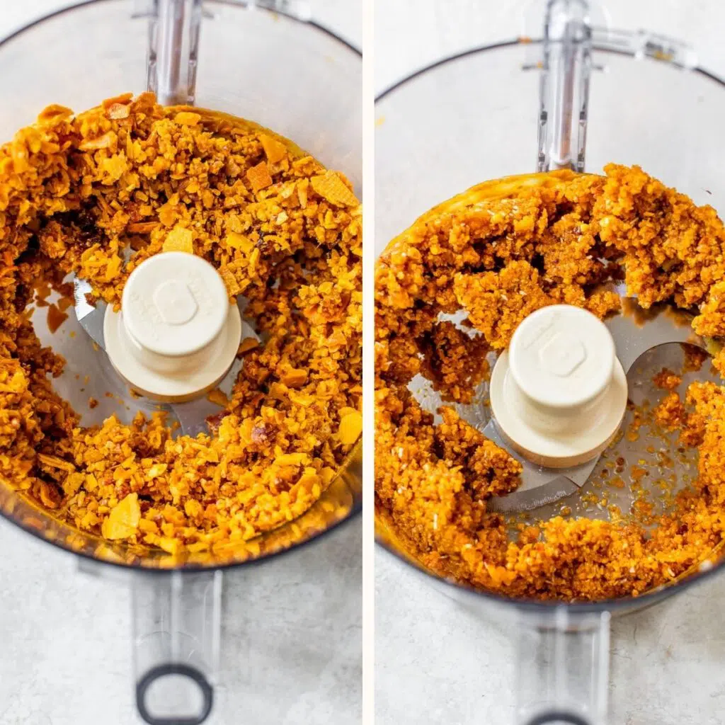 blended dried mango in a food processor