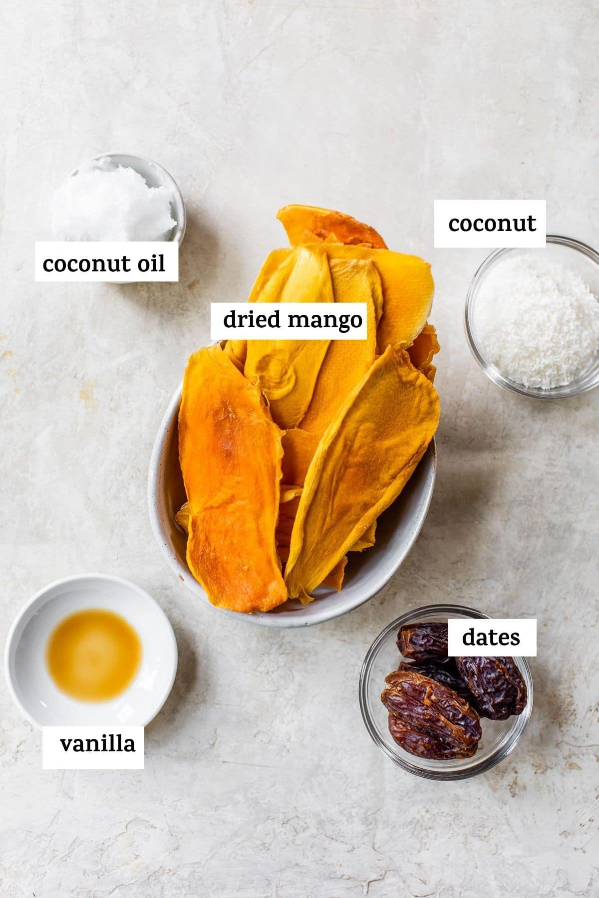 ingredients to make mango balls like dried mango and coconut