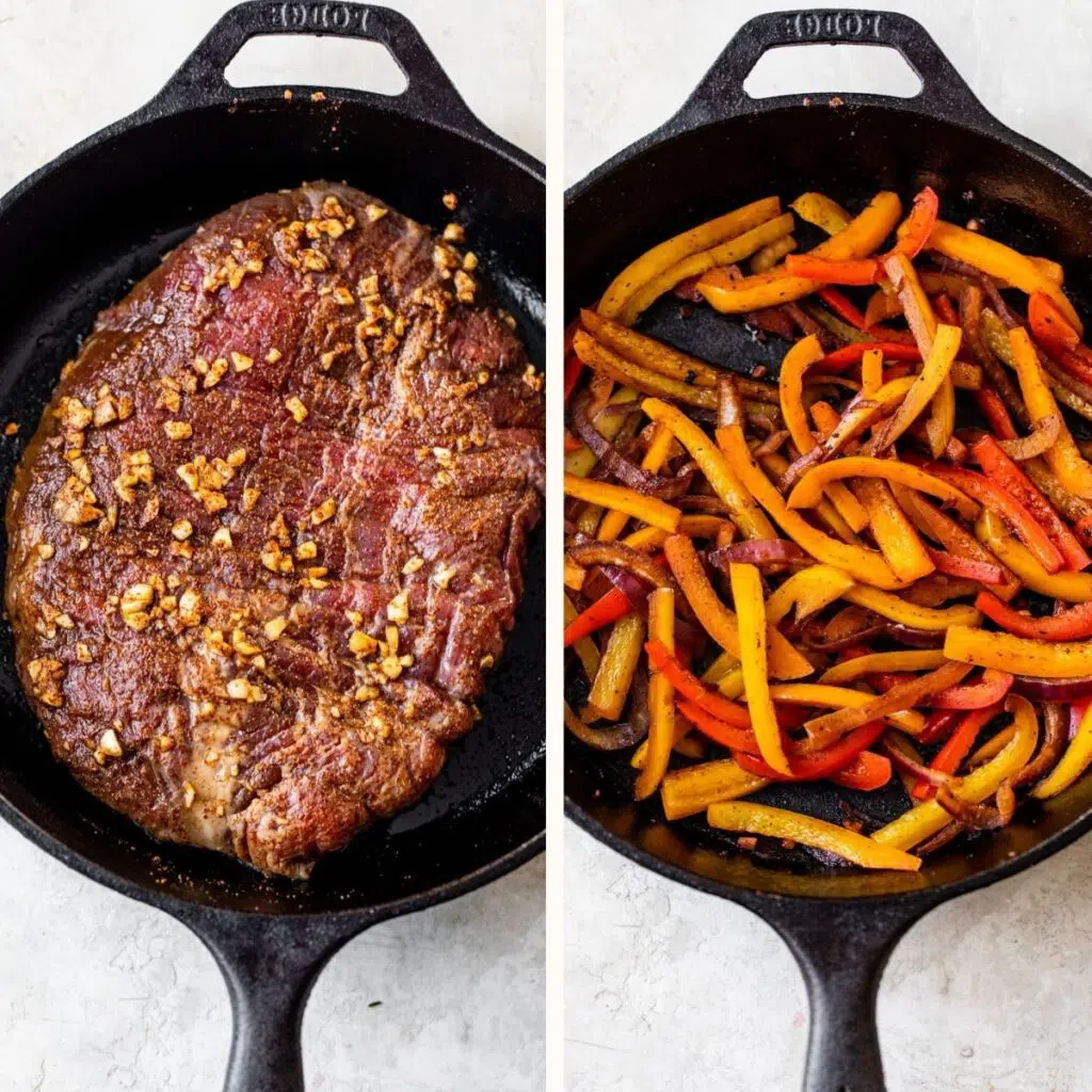 marinated flank steak in a cast iron on the left and sliced peppers and onion in a cast iron on the right