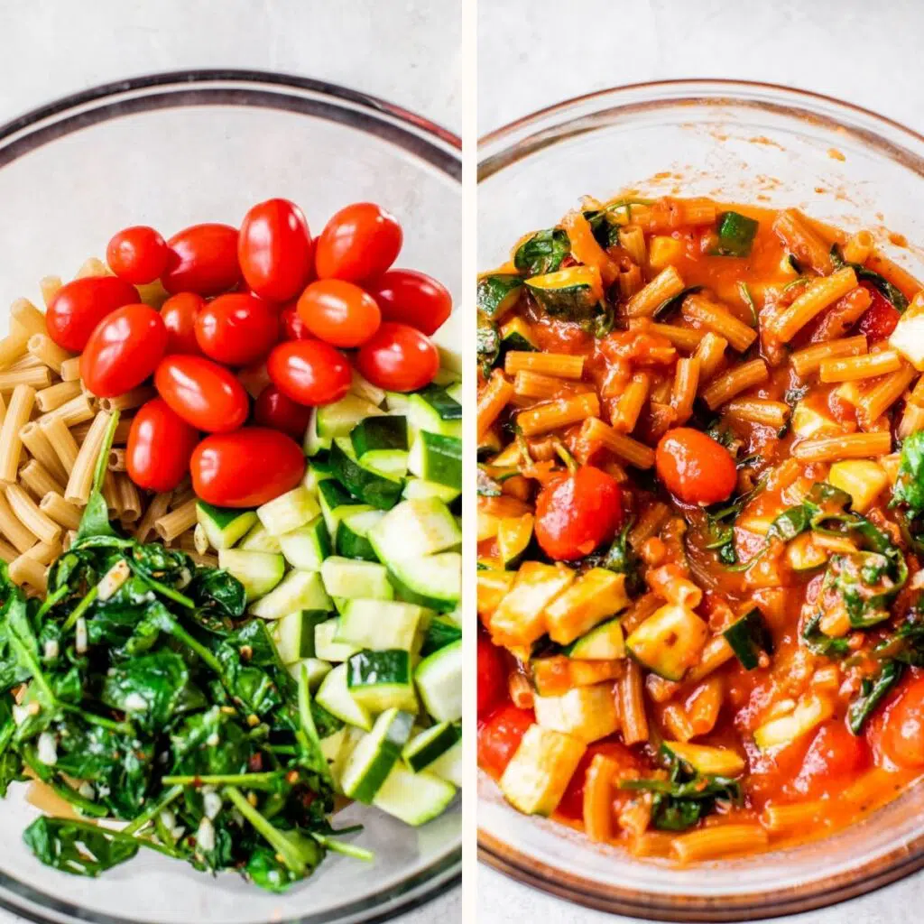 large glass mixing bowl with pasta, grape tomatoes, zucchini, and cooked spinach on the left and with marinara sauce on the right