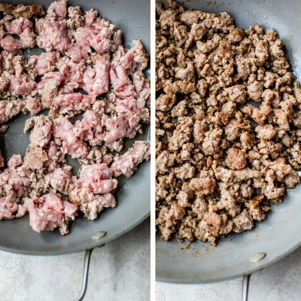 raw ground pork in a skillet on the left and cooked ground pork on the right