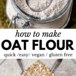 oat flour in a glass container on top and rolled oats in a blender on the bottom