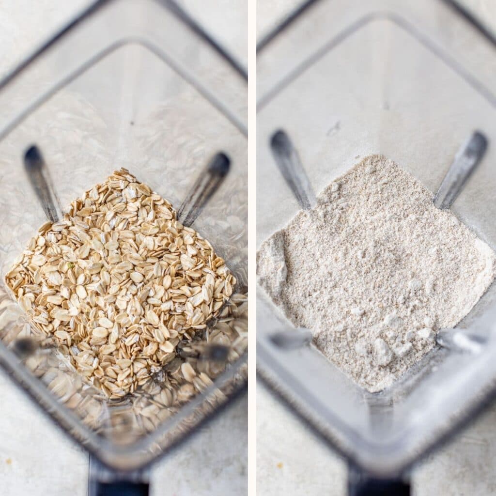 two images: rolled oats in a blender on the left and blended oats in a blender on the right