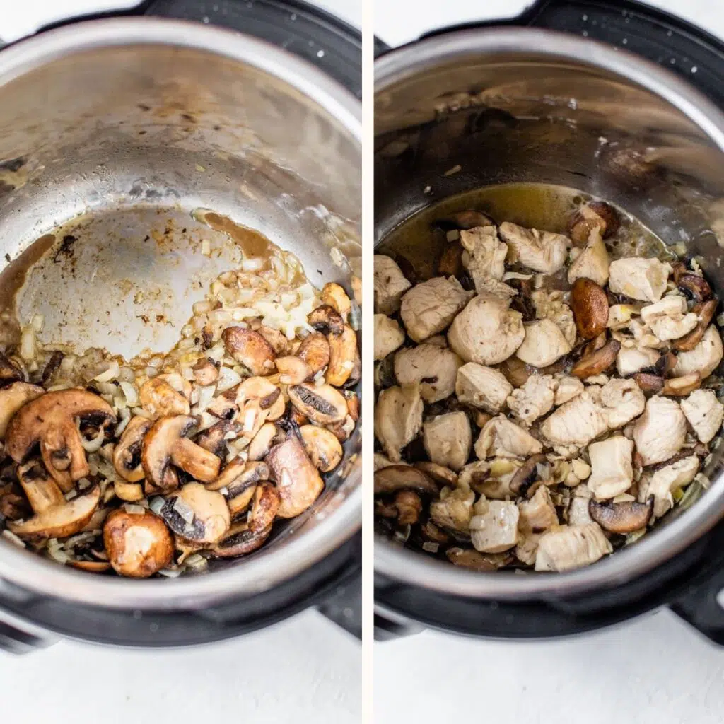 cooked mushrooms on the left and mushrooms and chicken on the right