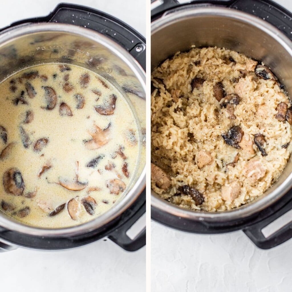 mushrooms, milk and broth in an instant pot on the left and with rice and chicken on the right