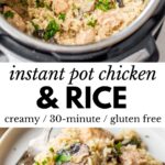 instant pot and a plate with rice, mushrooms and chicken and text overlay