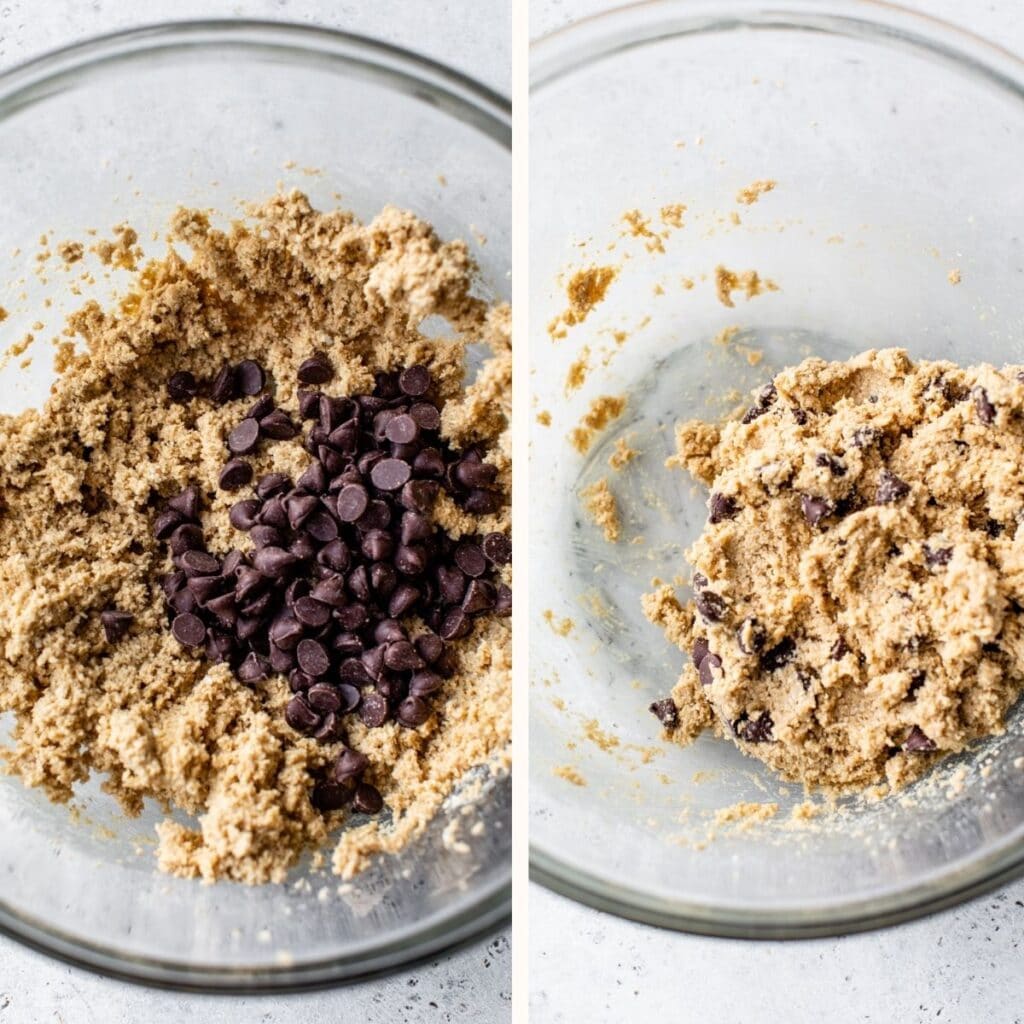 cookie dough with chocolate chips in a large glass mixing bowl