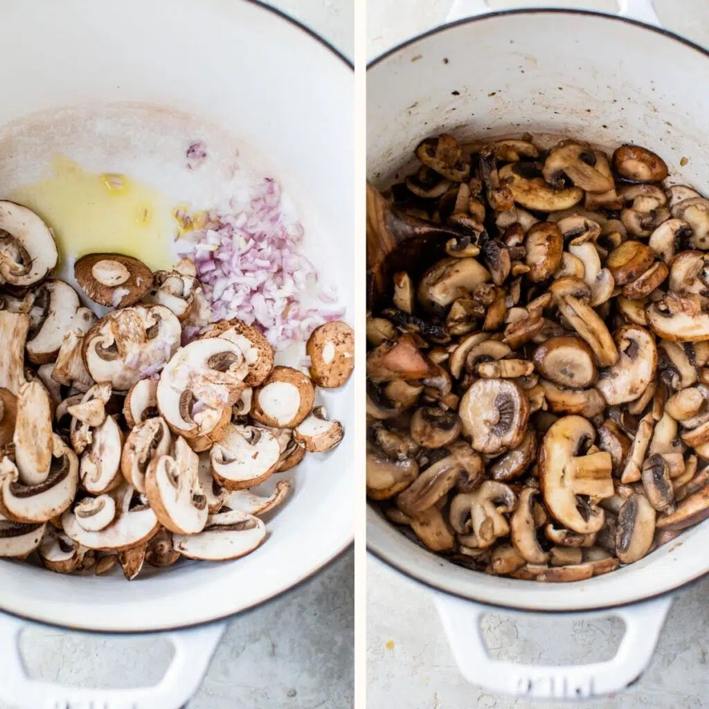 raw mushrooms and shallot in a pot on the left and cooked mushrooms on the right