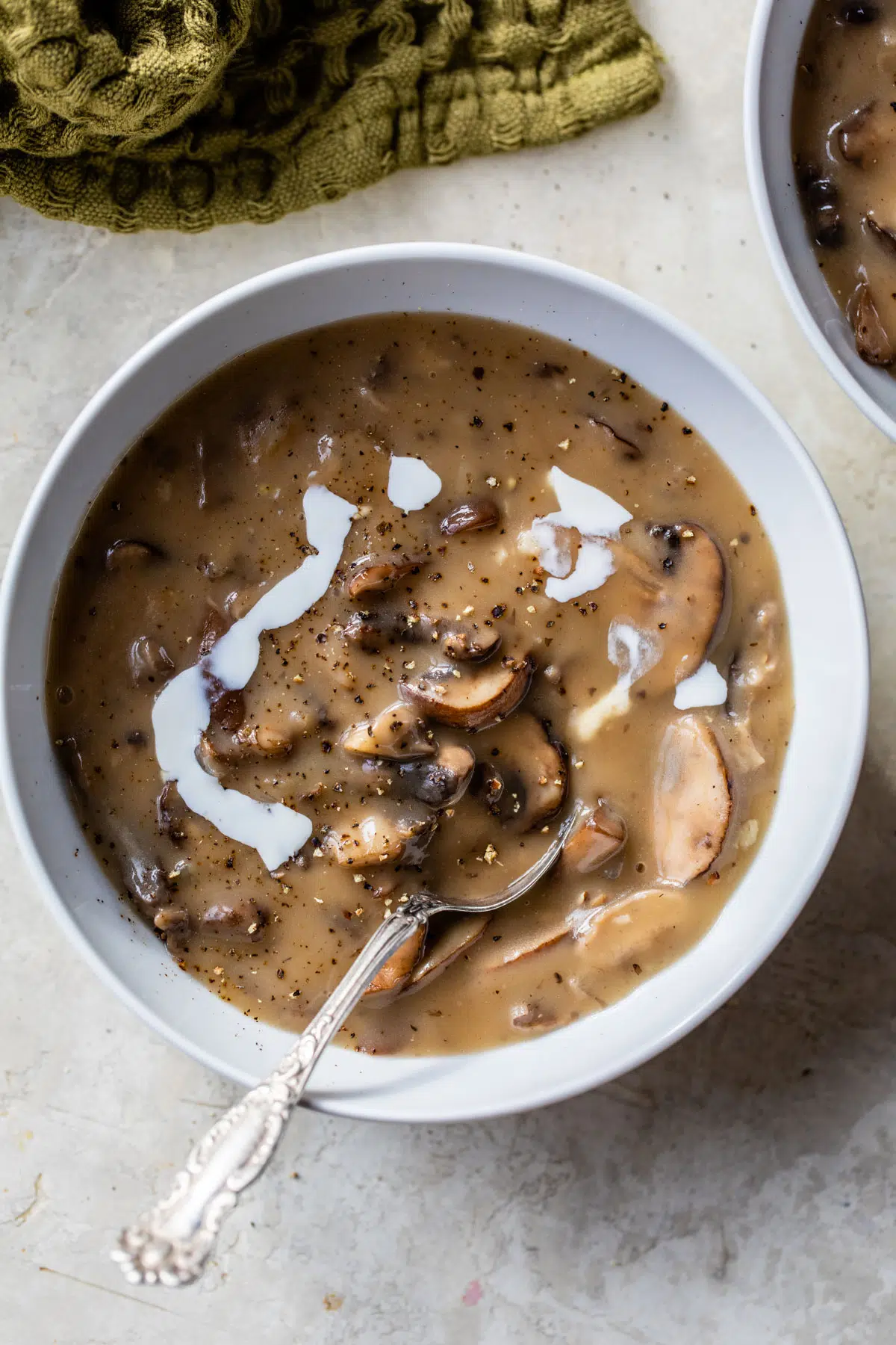 a bowl of cream of mushroom soup drizzled with milk or cream
