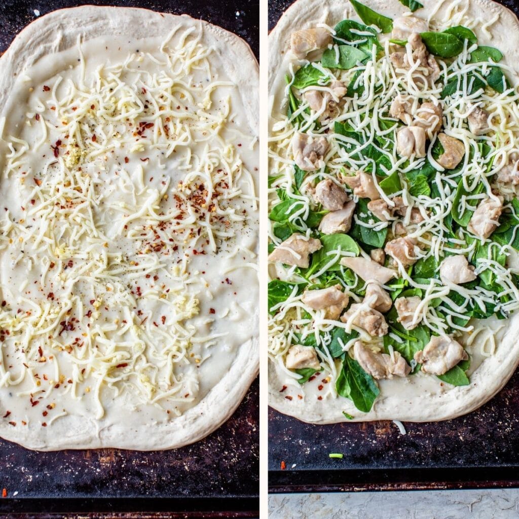 pizza dough on a baking sheet topped with shredded cheese, spinach and diced chicken