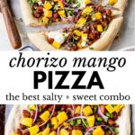 pizza belegd met vlees, mango, paprika en rode ui met tekst overlay