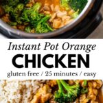 orange chicken and broccoli in the instant pot and in a bowl with rice