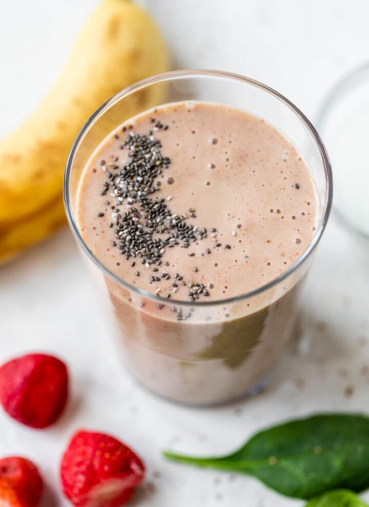 strawberry banana smoothie topped with chia seeds
