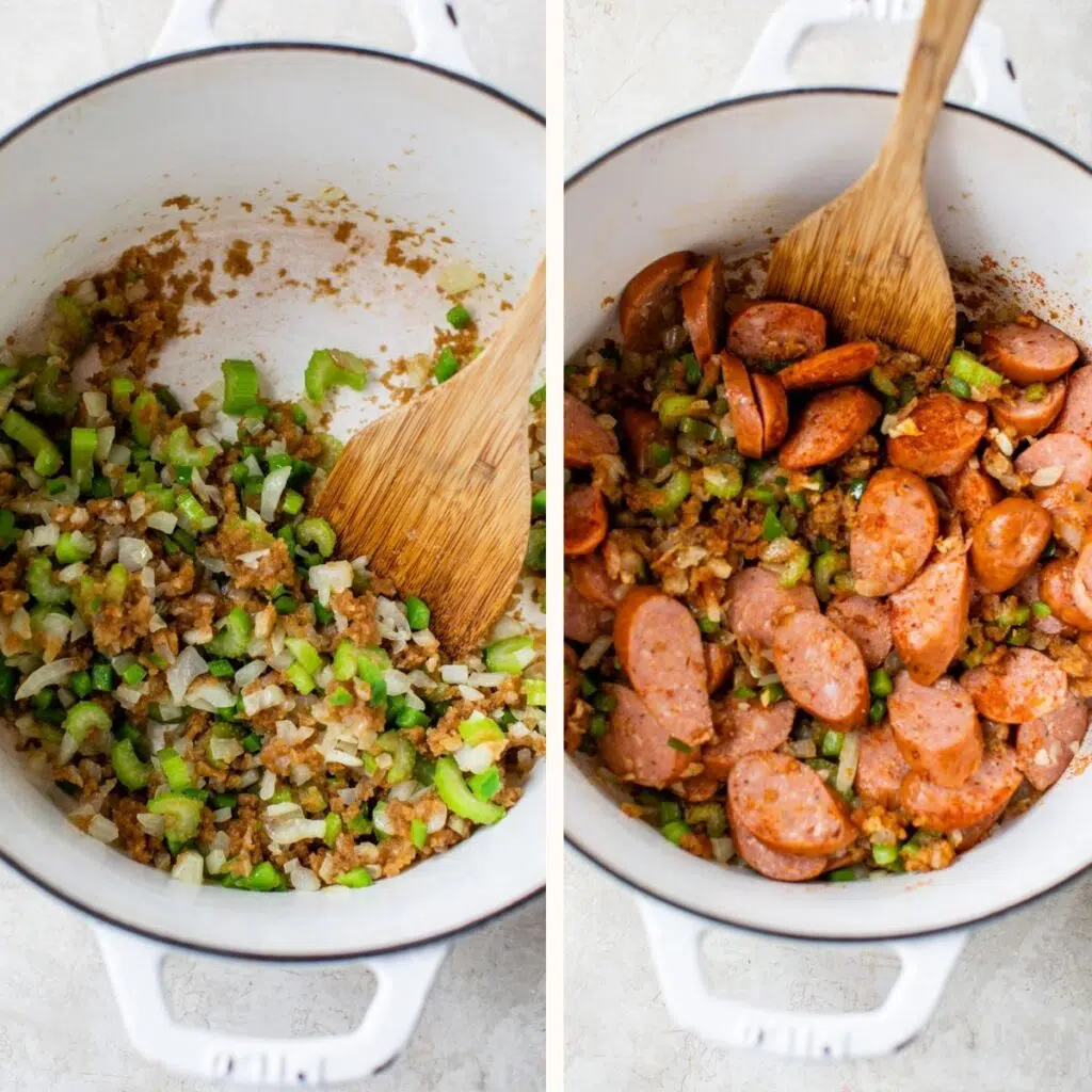 celery, onion and green bell pepper in a bowl on the left and with sausage added on the right