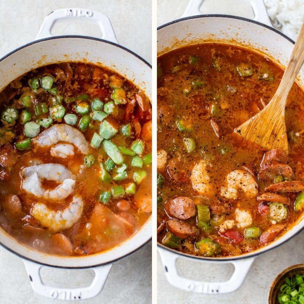 pot with frozen okra and raw shrimp in a pot on the left and with cooked shrimp on the right