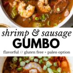 gumbo in a bowl on top and in a large pot on the bottom with text overlay