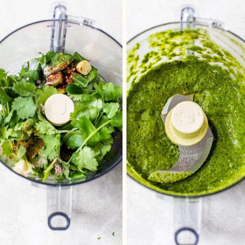 cilantro and garlic in a food processor on the left and a blended green sauce on the right
