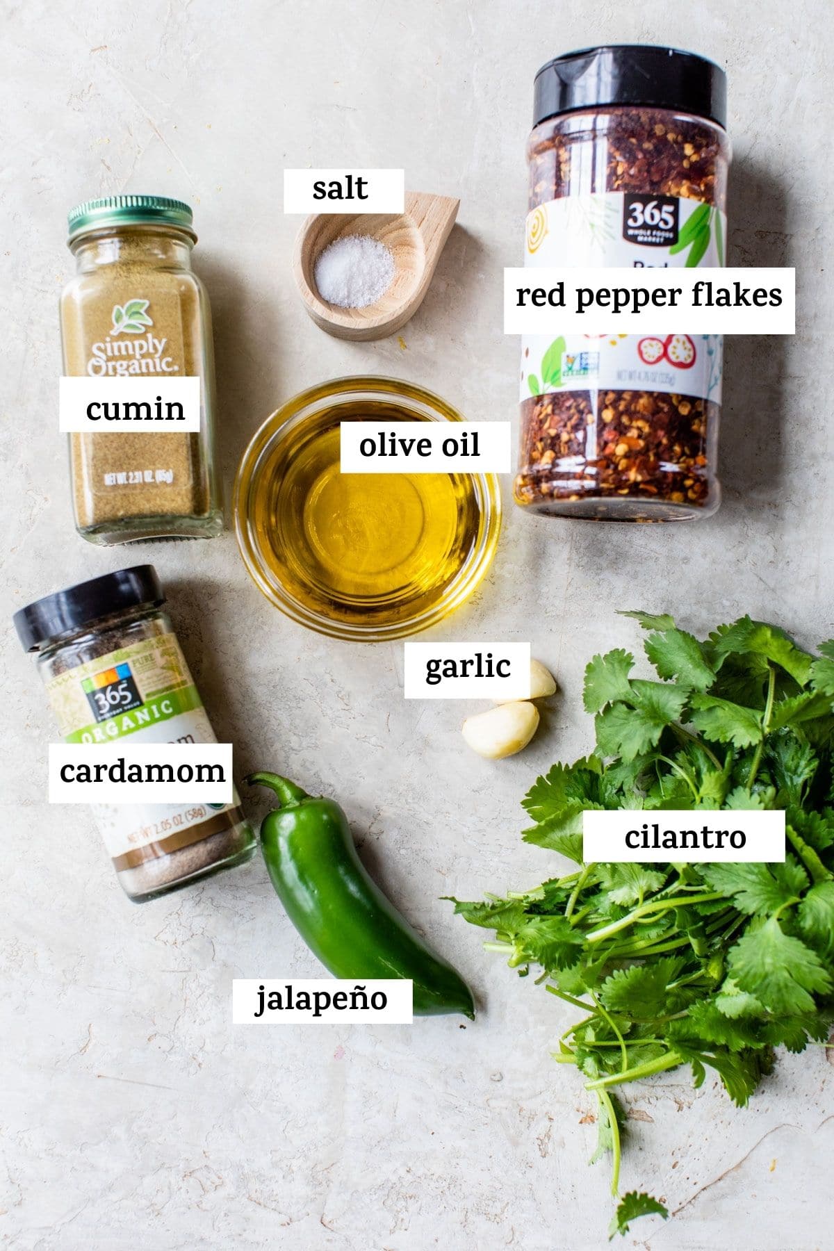 ingredients to make zhoug sauce with text overlay