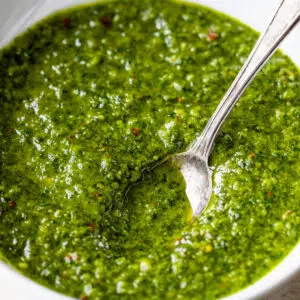 a bowl of green sauce with a spoon in it