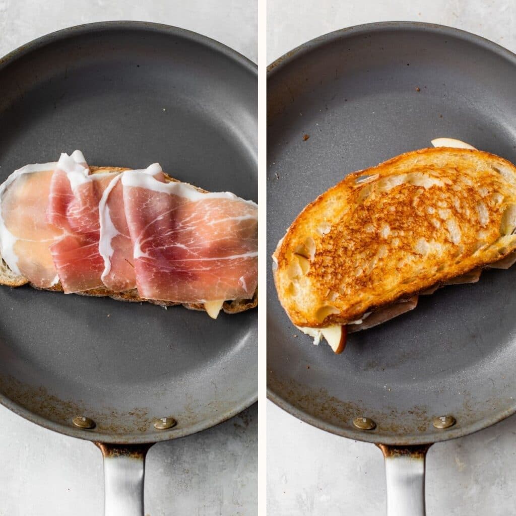 bread with prosciutto on the left and a grilled cheese in a skillet on the right