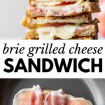 stacked grilled cheese on top and in a skillet on bottom with text overlay
