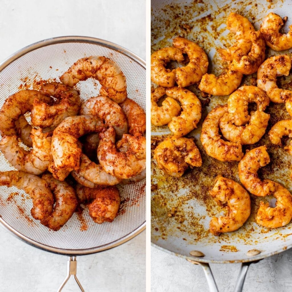 shrimp marinating in a strainer on the left and shrimp cooked in a skillet on the right