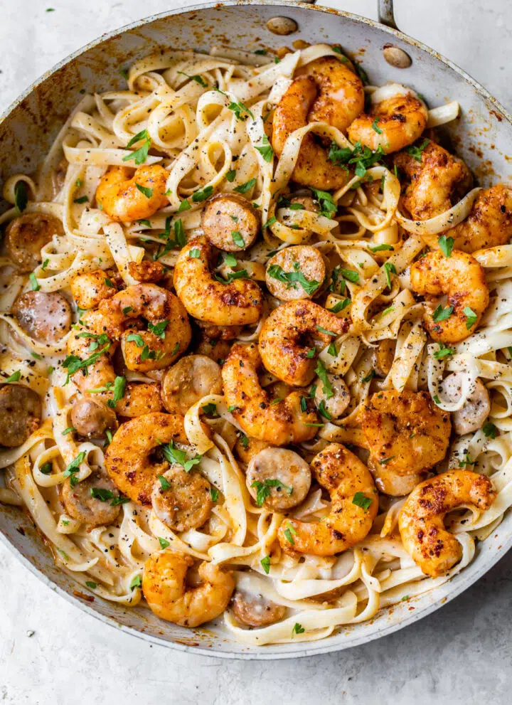 skillet with fettuccine, shrimp and chicken sausage