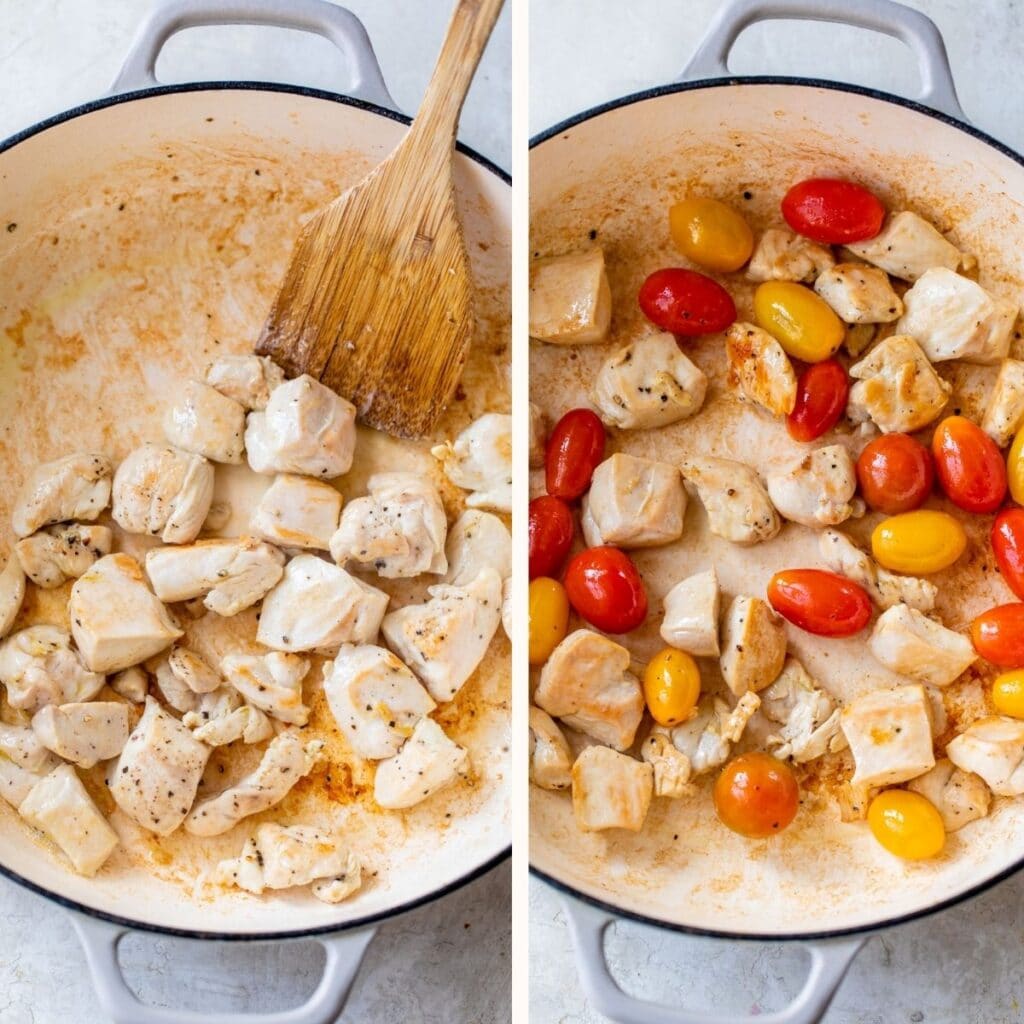 cooked chicken in a skillet on the left and with grape tomatoes on the right